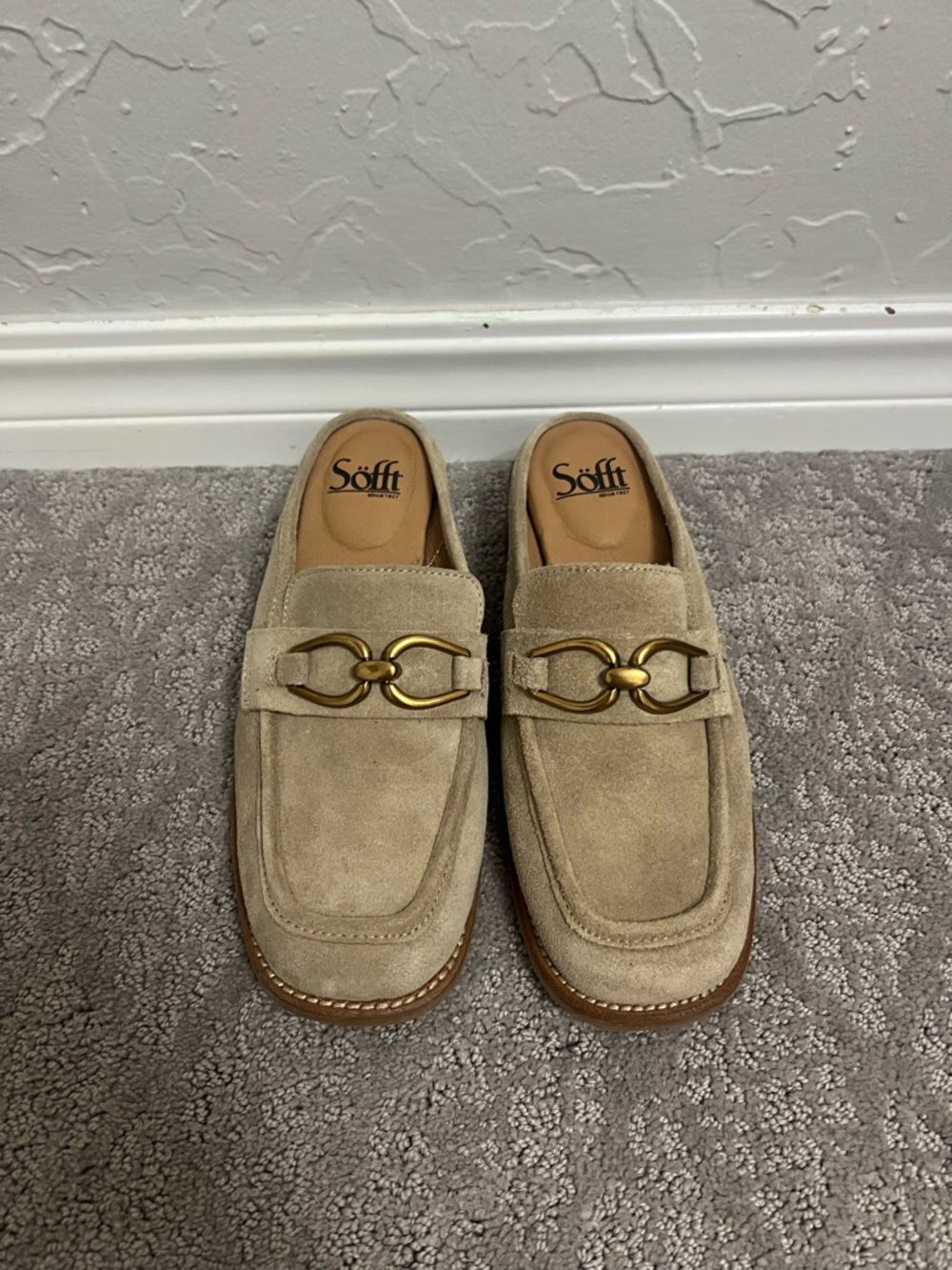 Söfft Beige Suede Loafers with Gold Chain Accent